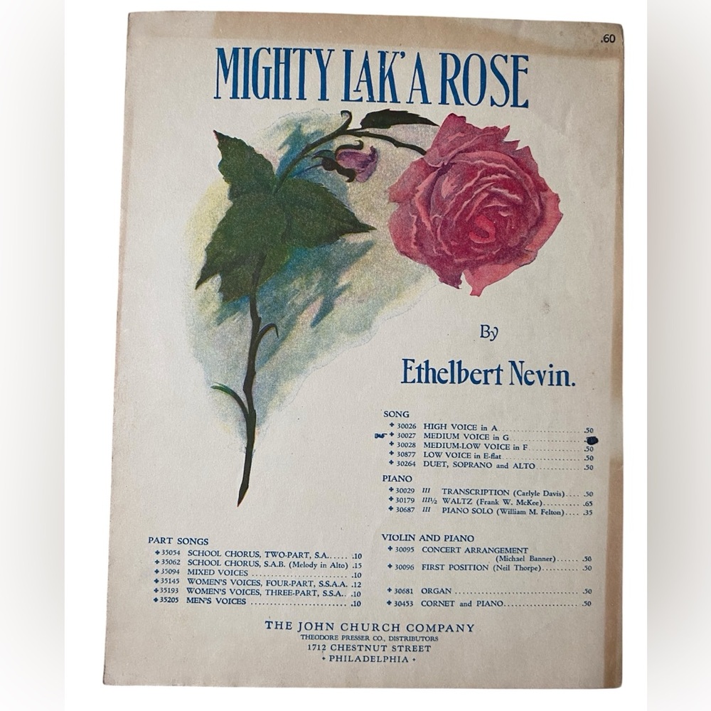 ETHELBERT NEVIN - Mighty Lak'A Rose Vintage Music Sheet